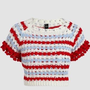 NWT Open Knit Crochet Sweater in red, white and light blue